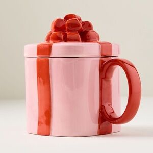 Anthropologie Pink Red striped present Mug with lid
Cadeau lidded stoneware mug